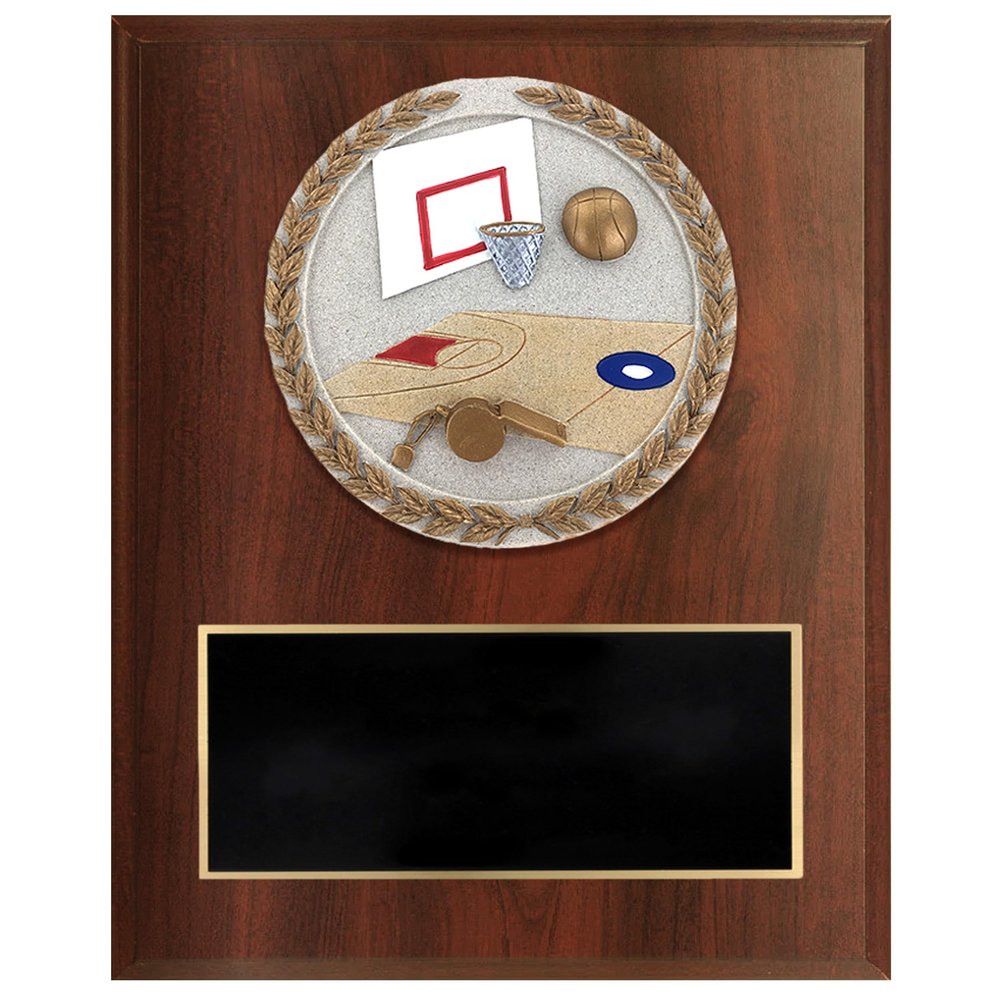 SHOP AWARDS AND GIFTS Customizable Dark Cherry Plaque Award Personalized Custom Engraved, 6 x 8 Inch, Basketball