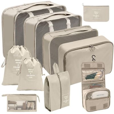 10 Pcs Travel Organizer Storage Bags Suitcase Packing Cubes Cases Portable Wardrobe Luggage Clothes Shoe Pouch Fold (Beige)