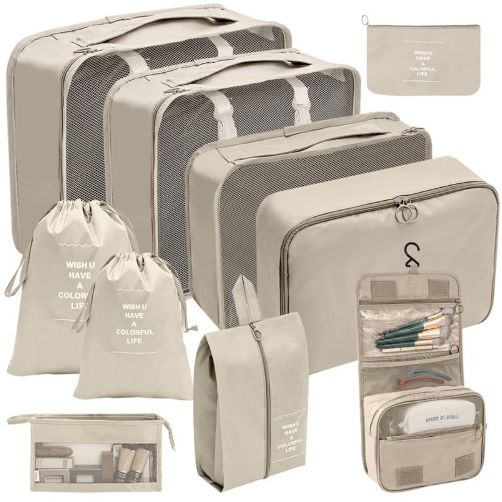 10 Pcs Travel Organizer Storage Bags Suitcase Packing Cubes Cases Portable Wardrobe Luggage Clothes Shoe Pouch Fold (Beige)