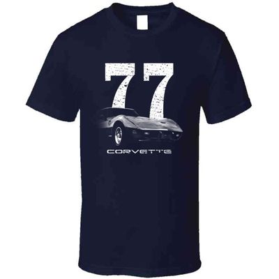 1977 Corvette Front Side View with Year and Model T Shirt L Navy