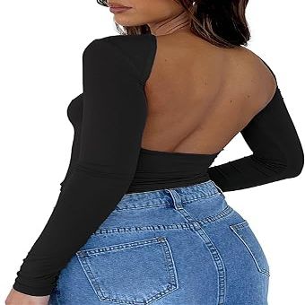 ForeFair Women Sexy Long Sleeve Backless Going Out Top Slim Fit Crewneck Cut Out Casual Y2K Tshirt(A Black,L)