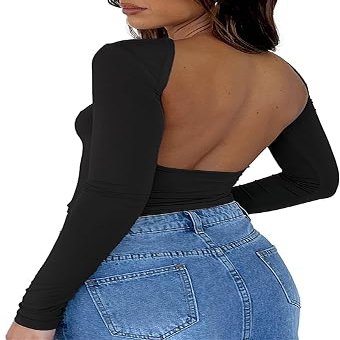 ForeFair Women Sexy Long Sleeve Backless Going Out Top Slim Fit Crewneck Cut Out Casual Y2K Tshirt(A Black,L)