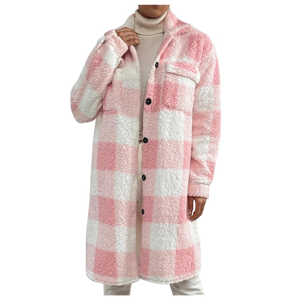XUNRYAN Women's Long Flannel Plaid Jacket Shacket Winter Lapel Button Down Shirt Jacket Fuzzy Trench Coat Fashion Clothes