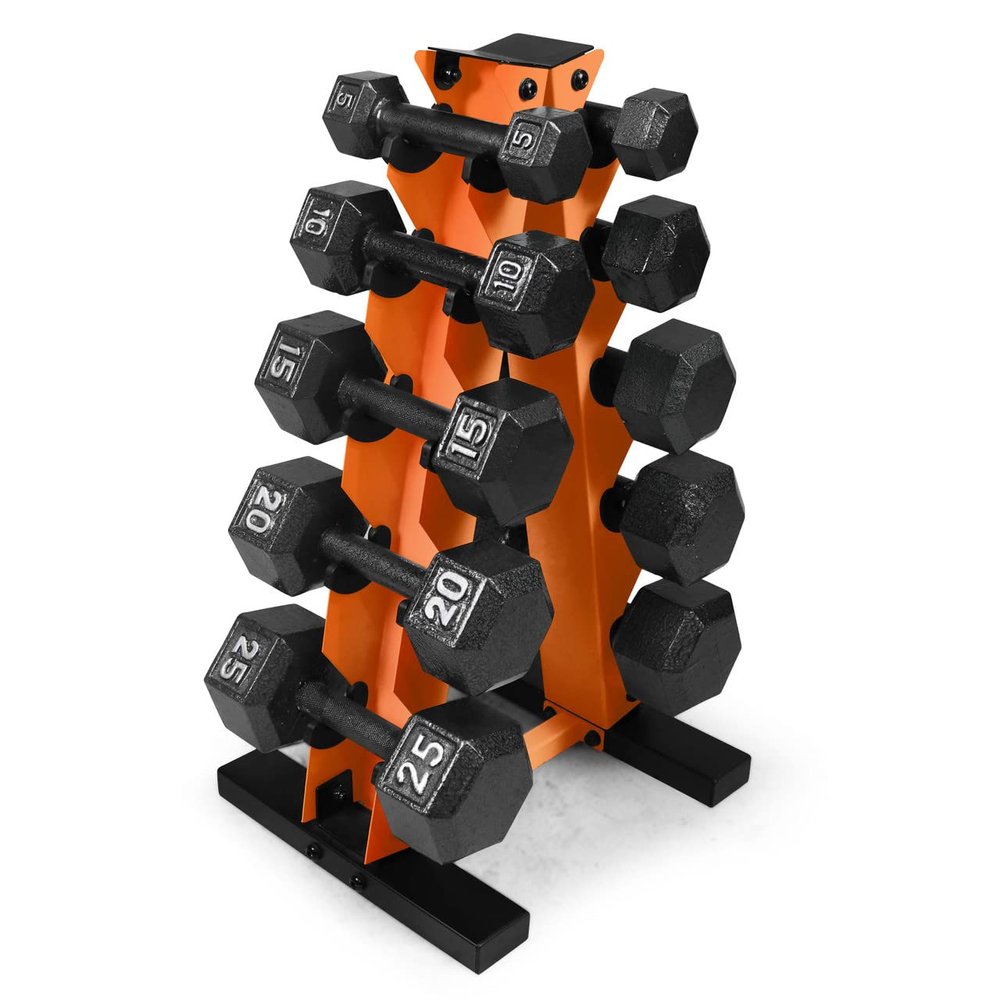 WF Athletic Supply 5-25 Lb Cast Iron Dumbbells Set with A Frame Storage Rack, Solid Gray/Black Hexagon Free Weights for Weight Lifting & Strength Training, Storage Rack Color Options Available