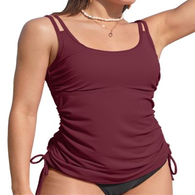 ANFILIA Women Underwire Tankini Top Swimwear Push Up Modest Swimsuits Top Ribbed Fabric Bathing Suits Top Only Wine Red