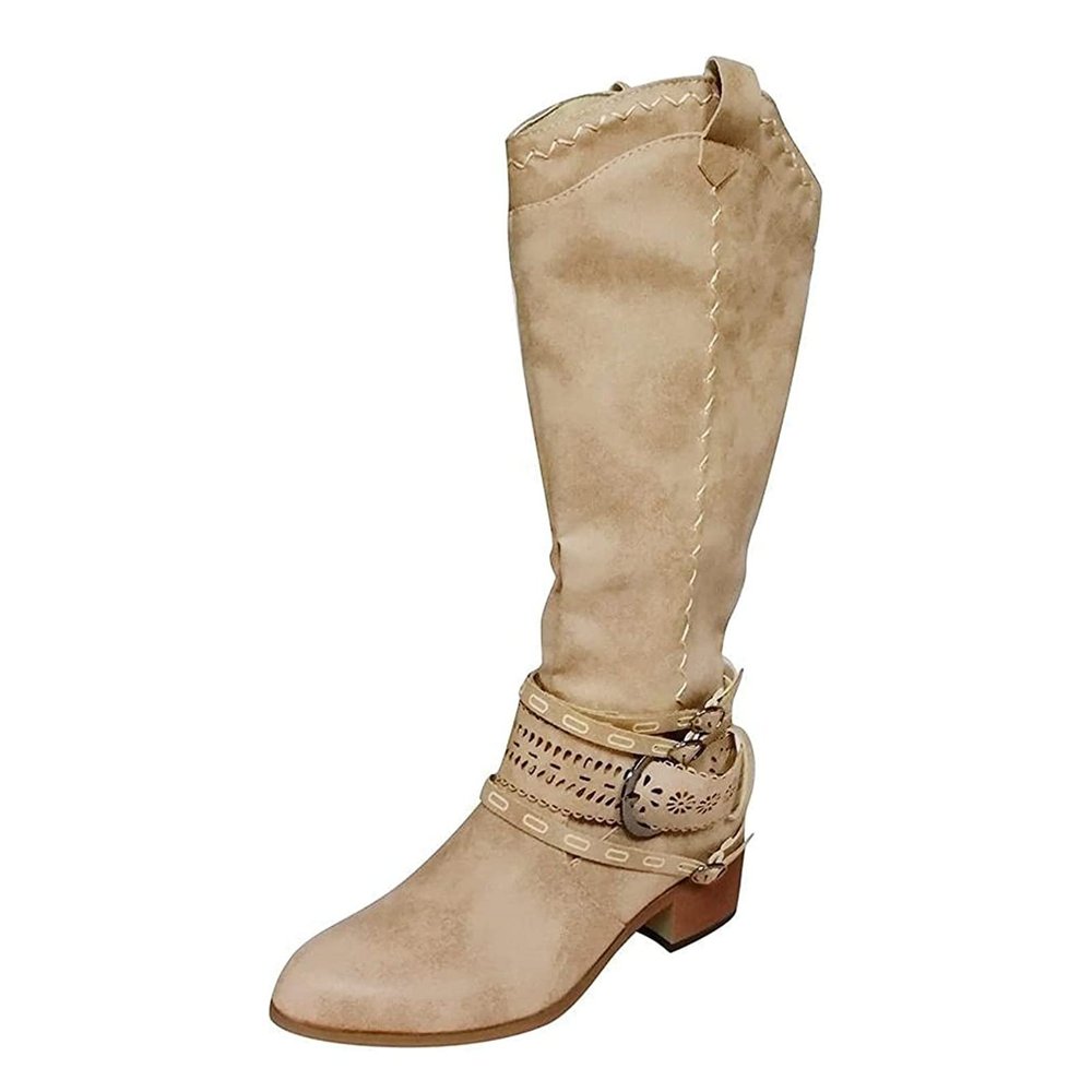 Cowgirl Boots Women Square Toe Wide Calf Cowboy Boots Women Western Boots Cowgirl Boots Ladies Pointy Toe Fashion Embroidered Knee High Stitching Almond Chunky Heel Retro Classic Boot Pull-On