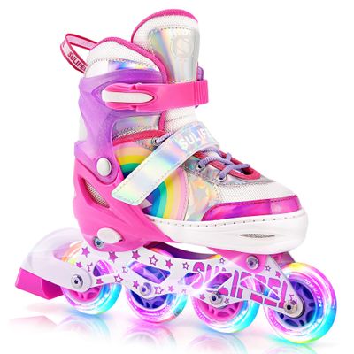 SULIFEEL Rainbow Unicorn Inline Skates for Girls Boys 4 Size Adjustable Light up Wheels Youth Skates Pink Large