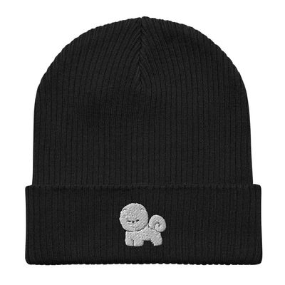 Bichon Frise Beanie, Embroidered Unisex Organic Ribbed Beanie, 100% Cotton, Whole Body, Bichon Frise Gifts. Black