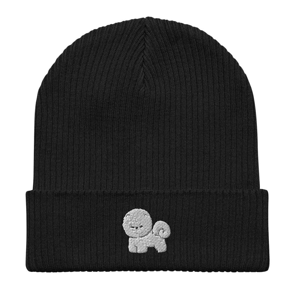 Bichon Frise Beanie, Embroidered Unisex Organic Ribbed Beanie, 100% Cotton, Whole Body, Bichon Frise Gifts. Black