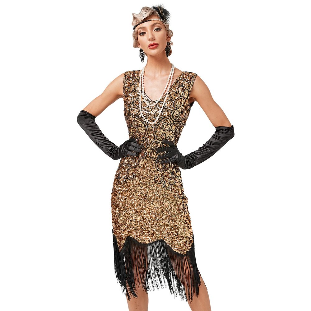 1920s Dresses for Women: Great Gatsby Dress, Women's 1920s Fringed Flapper Costume, Gangster Lady Costume Sequin Fringe Dresses Roaring Cocktail Party Dance Halloween Dresses Yellow(one Dress) M