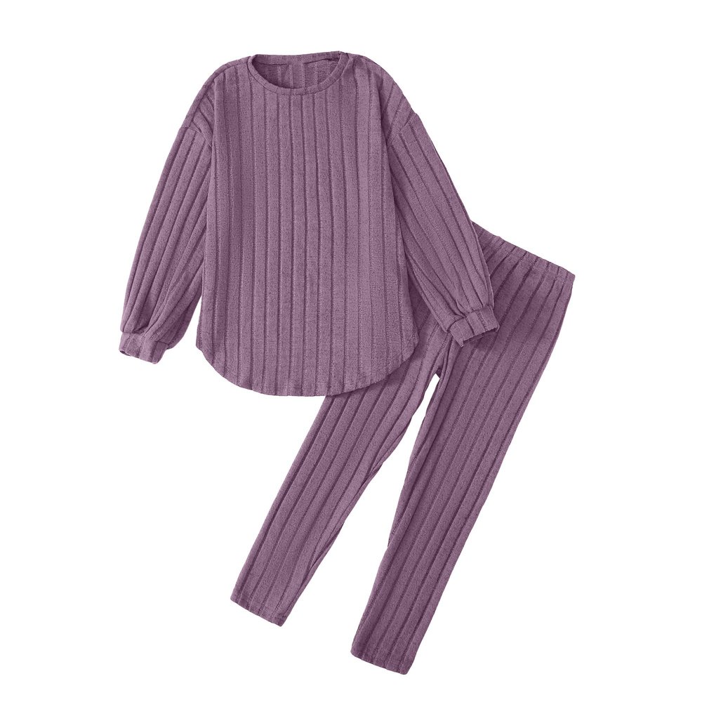 DEFAHN Toddler Girl Fall Clothes Set Warm Soft 2-piece Long Sleeve Ribbed Knit Tee & Leggings Winter Drop Shoulder Girl Set 5-6Y