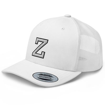 RIVEMUG Initial Letter Z Embroidered Premium Trucker Hat Curved Bill Mid Crown Adjustable Cap White