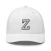 RIVEMUG Initial Letter Z Embroidered Premium Trucker Hat Curved Bill Mid Crown Adjustable Cap White view 2