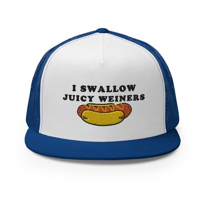 I Swallow Juicy Wieners, Funny, Hot Dog, Joke, Sarcastic, Family Trucker Cap