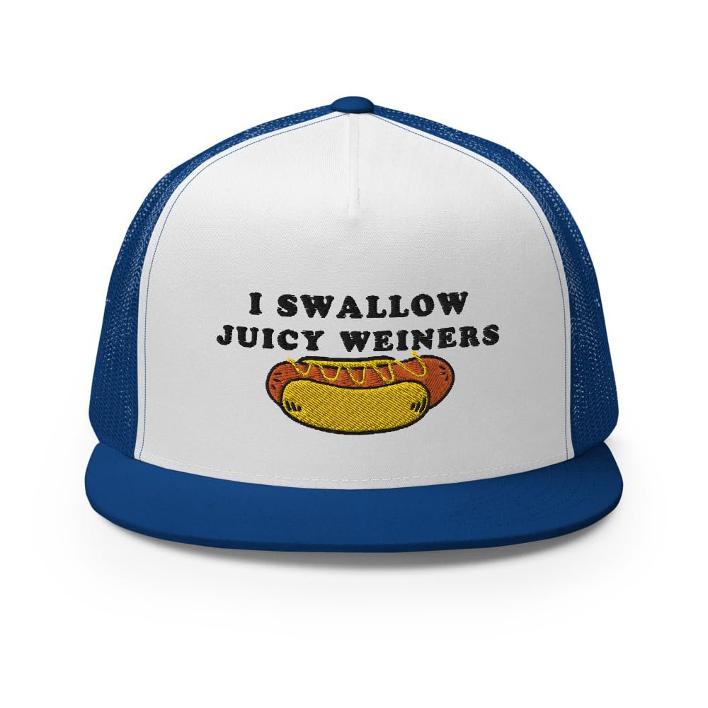 I Swallow Juicy Wieners, Funny, Hot Dog, Joke, Sarcastic, Family Trucker Cap