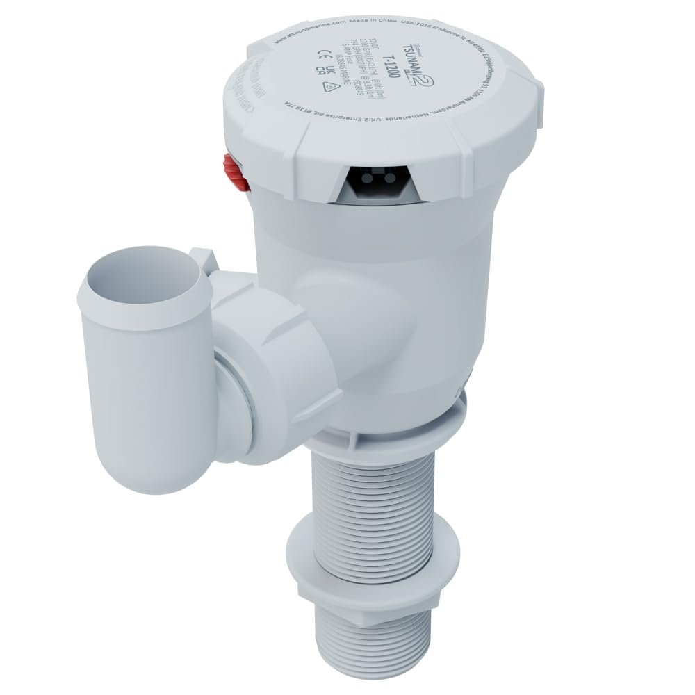 Attwood Tsunami Mk2 Aerator Pump T1200 (12V), 1200 GPH, Thru-Hull Straight with Fittings (Elbow & Straight). Direct Replacement for Attwood 4660-7, 5660-4