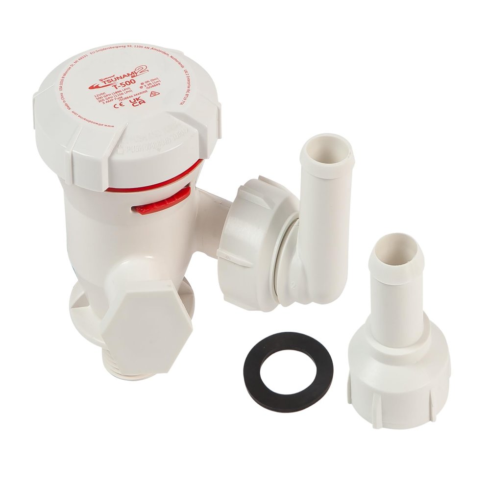 Attwood 5643-4 Tsunami Mk2 Aerator Pump T500, 12V, 500 GPH, Seacock with Fittings (Elbow & Straight), Direct Replacement for Attwood 4643-7