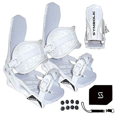 Symbolic Quick-Ratchit Snowboard Bindings & Stomp Pad & Leash Fit Most Boots 9-15 Freeride Freestyle All Mountain (L/XL-Men 9-15, White)