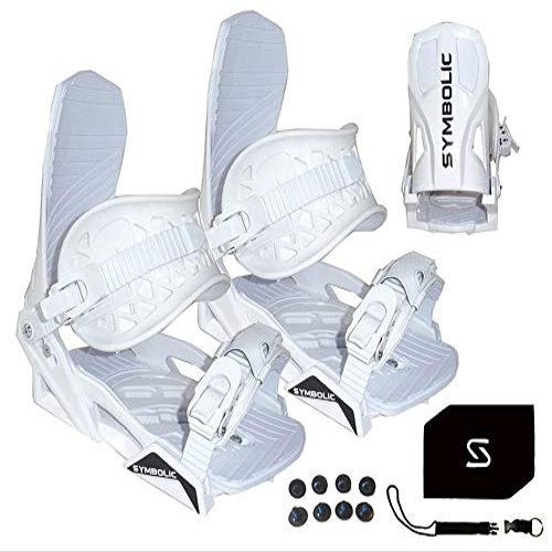 Symbolic Quick-Ratchit Snowboard Bindings & Stomp Pad & Leash Fit Most Boots 9-15 Freeride Freestyle All Mountain (L/XL-Men 9-15, White)