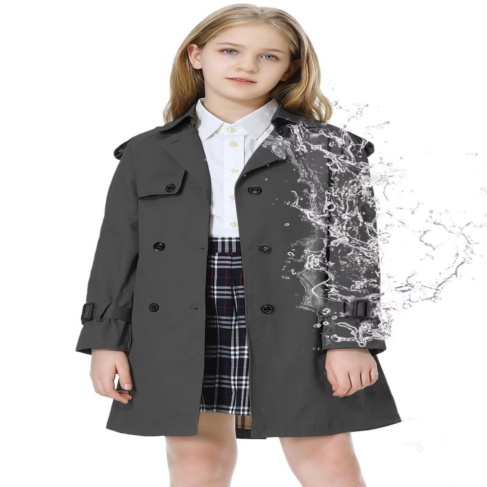 Betusline Girls Trench Coat Double Breasted Classic Lapel Belted Windproof Overcoat Outwear, 2# Dark Grey,6-7 Years