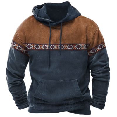 Ctreela Mens Ethnic Print Graphic Sweatshirts Western Aztec Patchwork Drawstring Hoodies Fall Winter Casual Pullover Tops