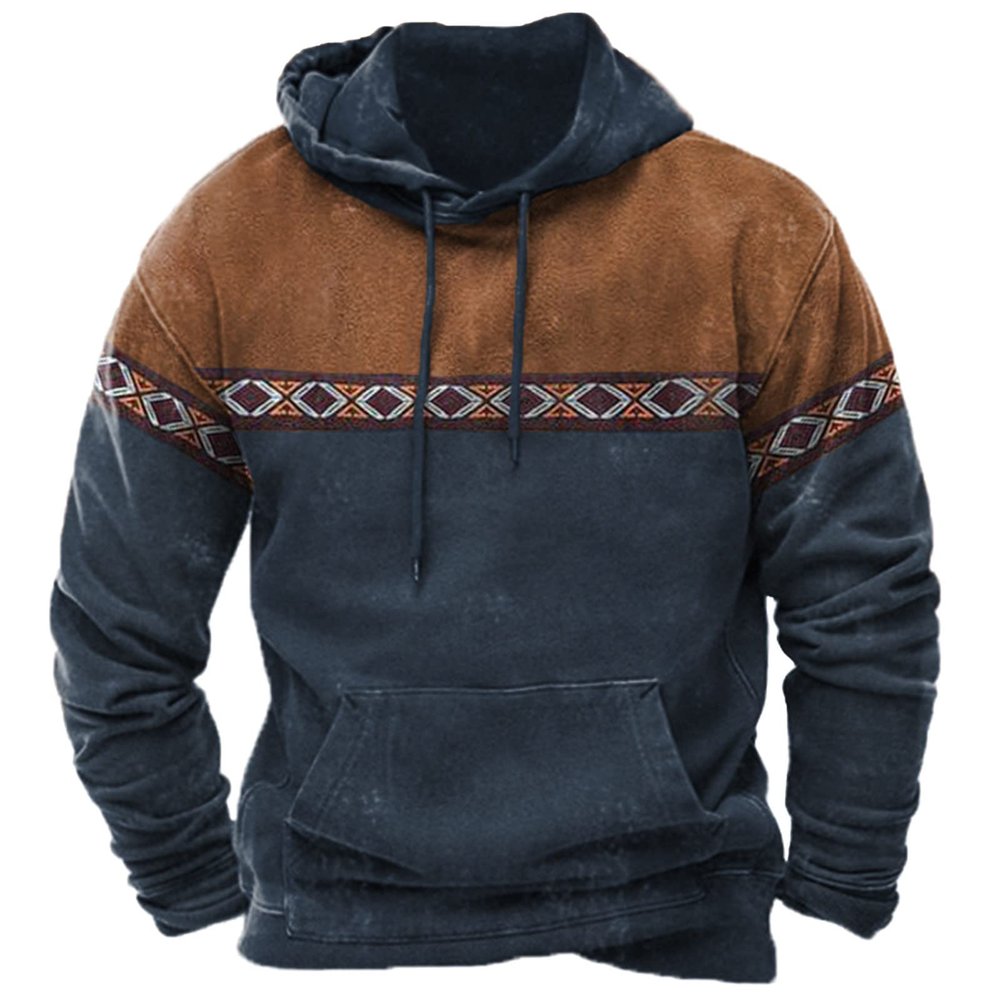 Ctreela Mens Ethnic Print Graphic Sweatshirts Western Aztec Patchwork Drawstring Hoodies Fall Winter Casual Pullover Tops