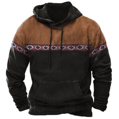 Ctreela Mens Ethnic Print Graphic Sweatshirts Western Aztec Patchwork Drawstring Hoodies Fall Winter Casual Pullover Tops
