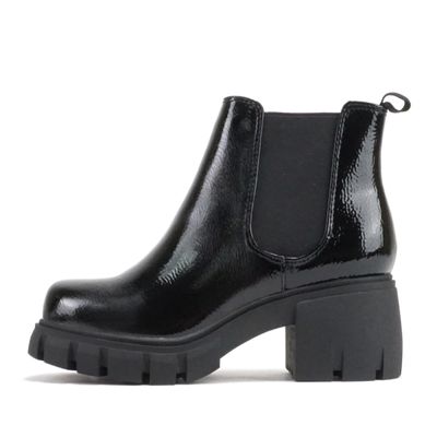 Soda PIONEER ~ Women Lug Sole Mid Heel Chelsea Fashion Ankle Bootie w/Double Elastic Gore (Black Patent, numeric_7)