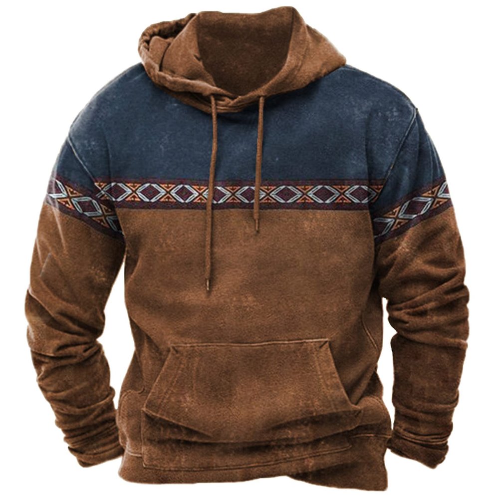 Ctreela Mens Ethnic Print Graphic Sweatshirts Western Aztec Patchwork Drawstring Hoodies Fall Winter Casual Pullover Tops