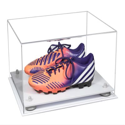 Better Display Cases Clear Acrylic Shoe Pair Display Case for Soccer Cleats Football Cleats with, White Risers and White Base (A026/V12)