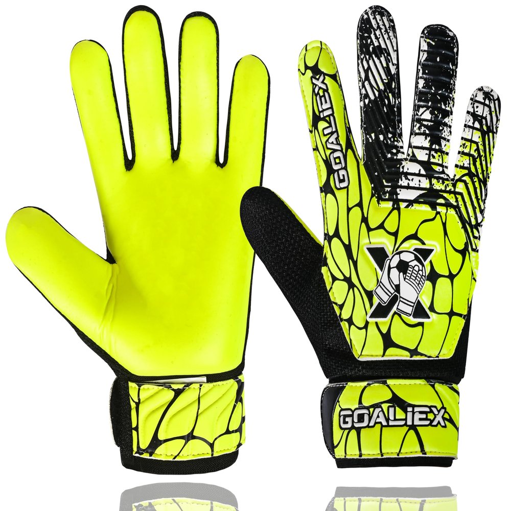 GOALIEX Soccer Goalie Gloves, Football Goalkeeper Gloves for Kids Boys Youth Children Double Wrist Along 4mm Super Grip Palm (Yellow/Black, Size 5 Suitable for 9-12 Years)