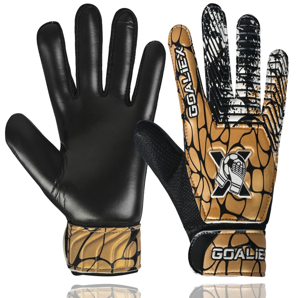 GOALIEX Soccer Goalie Gloves, Football Goalkeeper Gloves for Kids Boys Youth Children Double Wrist Along 4mm Super Grip Palm (Golden/Black, Size 6 Suitable for 13-15 Years)