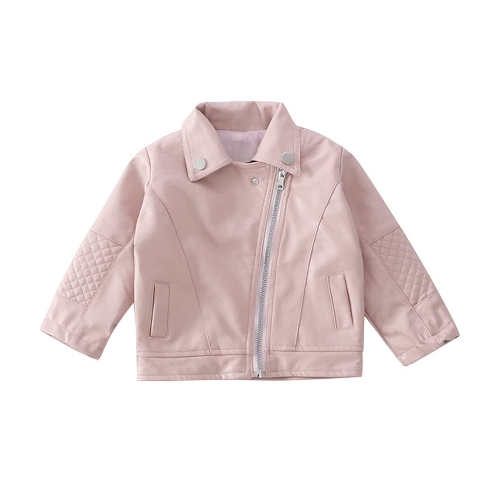 Toddler Baby Boy Girl Motorcycle Faux Leather Jackets Lapel Crop Jacket Puff Sleeve Button Jackets (Pink, 18-24 Months)