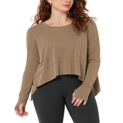 ODODOS Long Sleeve Tee for Women with Thumb Hole Athletic Gym Workout Crop Tops Yoga Shirts, Peanut, X-Small