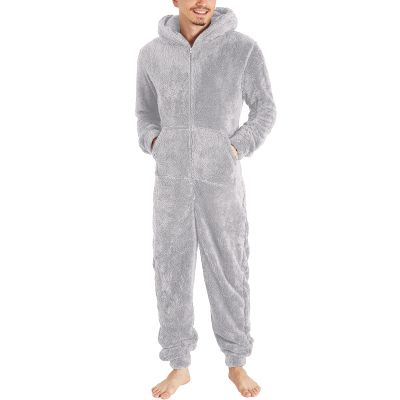 Lmdudan Men's Winter Zipper Hooded Fuzzy Romper Pajamas One Piece Fleece Pajama Jumpsuit Warm Comfy Loungewear with Pockets Gray