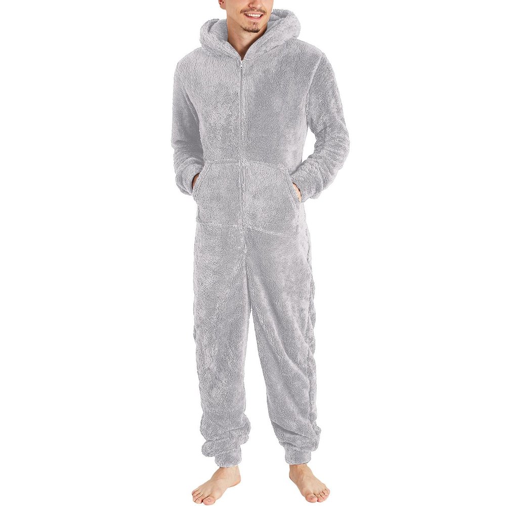Lmdudan Men's Winter Zipper Hooded Fuzzy Romper Pajamas One Piece Fleece Pajama Jumpsuit Warm Comfy Loungewear with Pockets Gray
