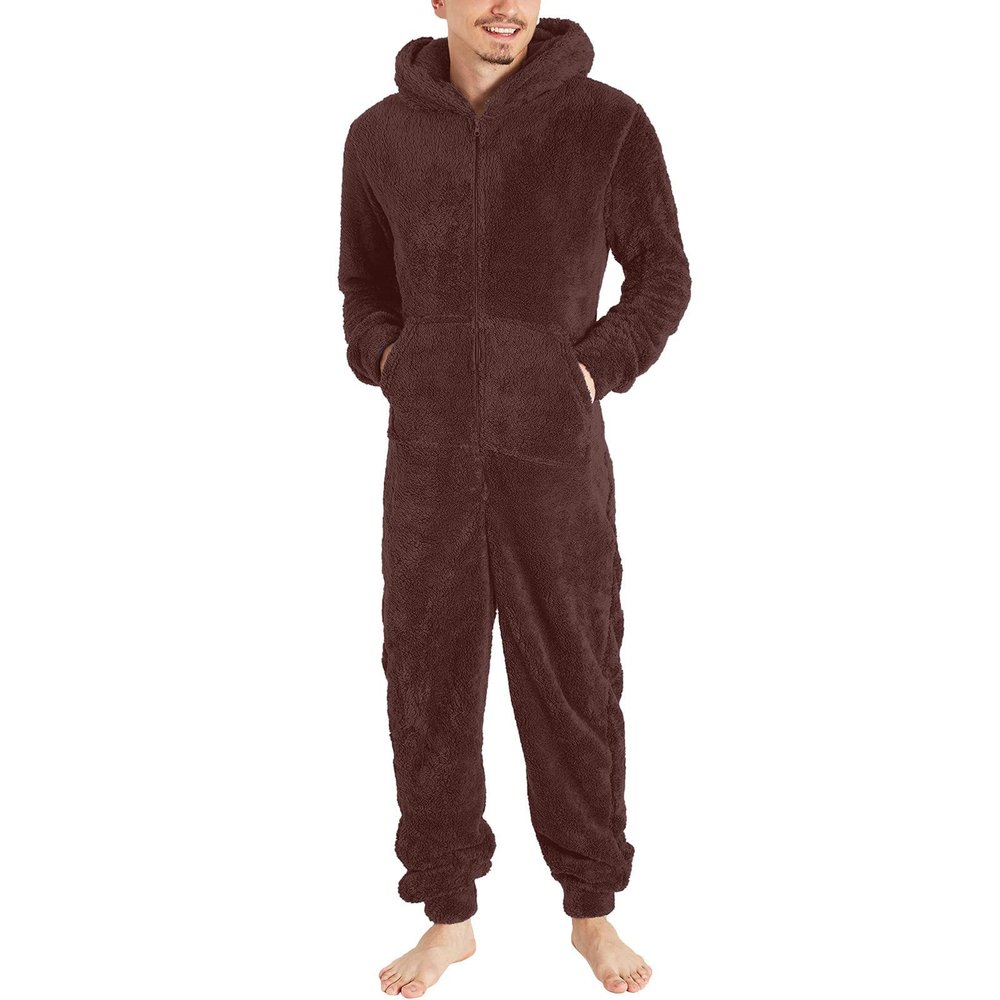 Lmdudan Men's Winter Zipper Hooded Fuzzy Romper Pajamas One Piece Fleece Pajama Jumpsuit Warm Comfy Loungewear with Pockets Brown