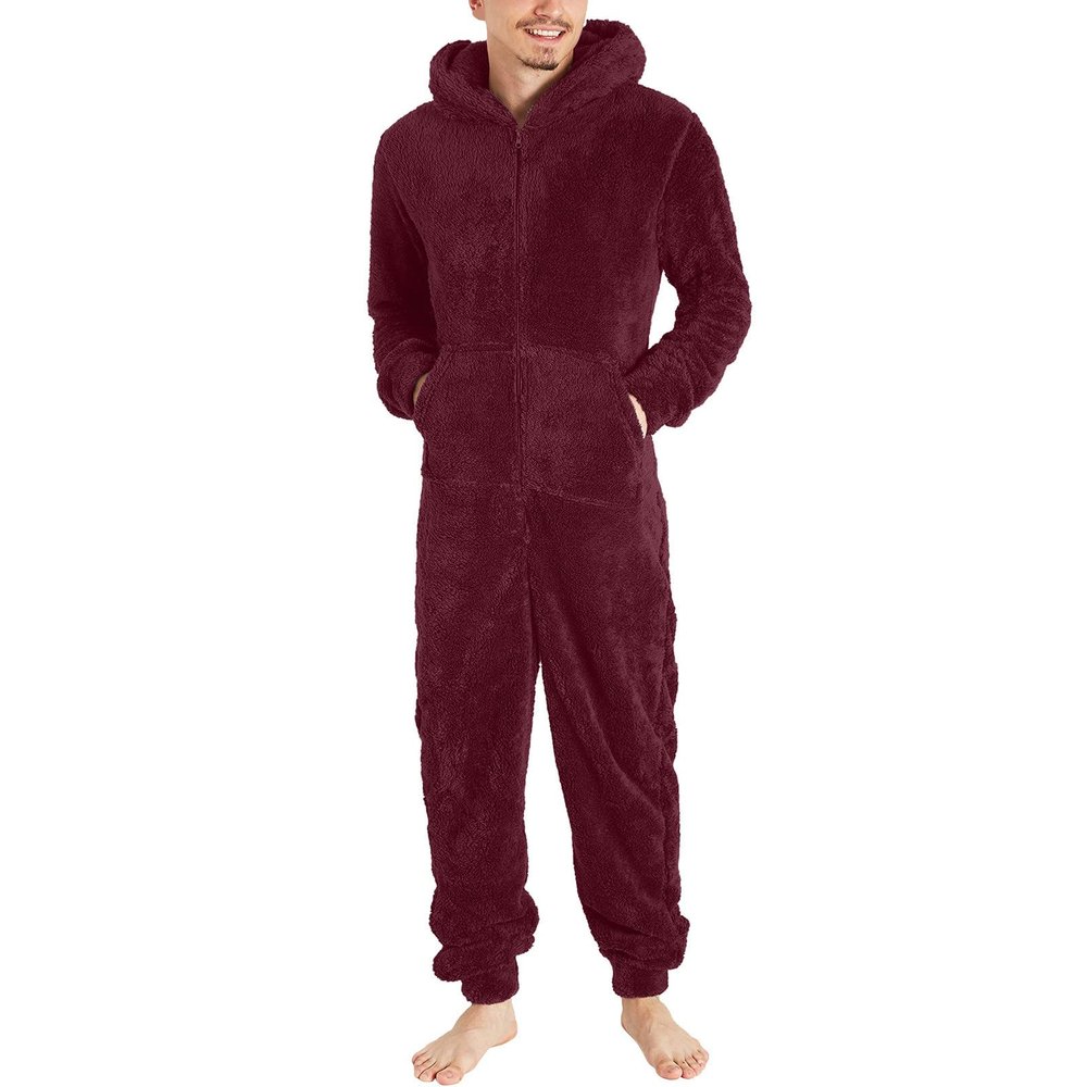 Lmdudan Men's Winter Zipper Hooded Fuzzy Romper Pajamas One Piece Fleece Pajama Jumpsuit Warm Comfy Loungewear with Pockets Wine