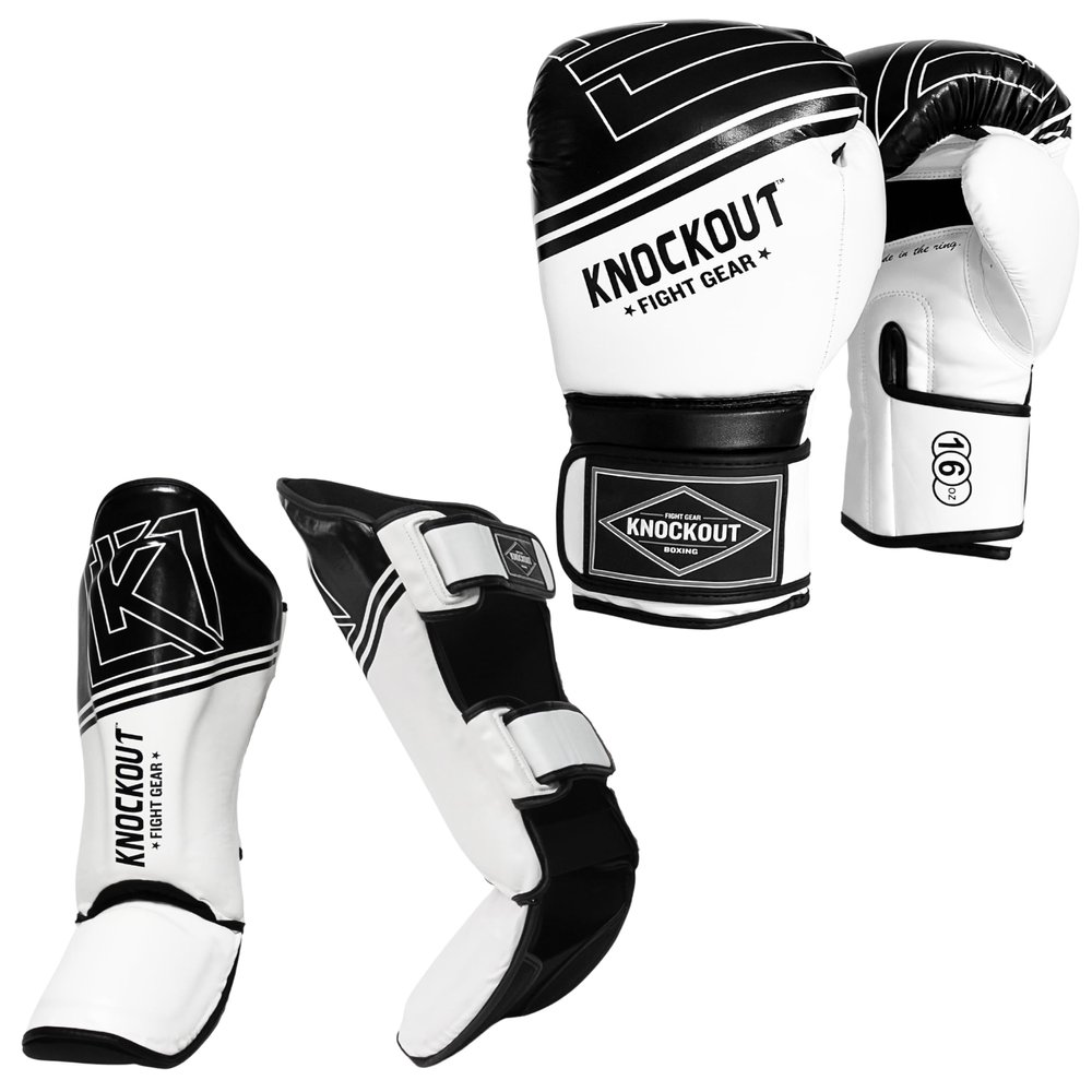 Boxing Gloves & Muay Thai Shin Guards for Men and Women, MMA Kickboxing Shin Pads Set, Adjustable Shin Guards with Instep Protection, Sparring & Martial Arts Training Gear