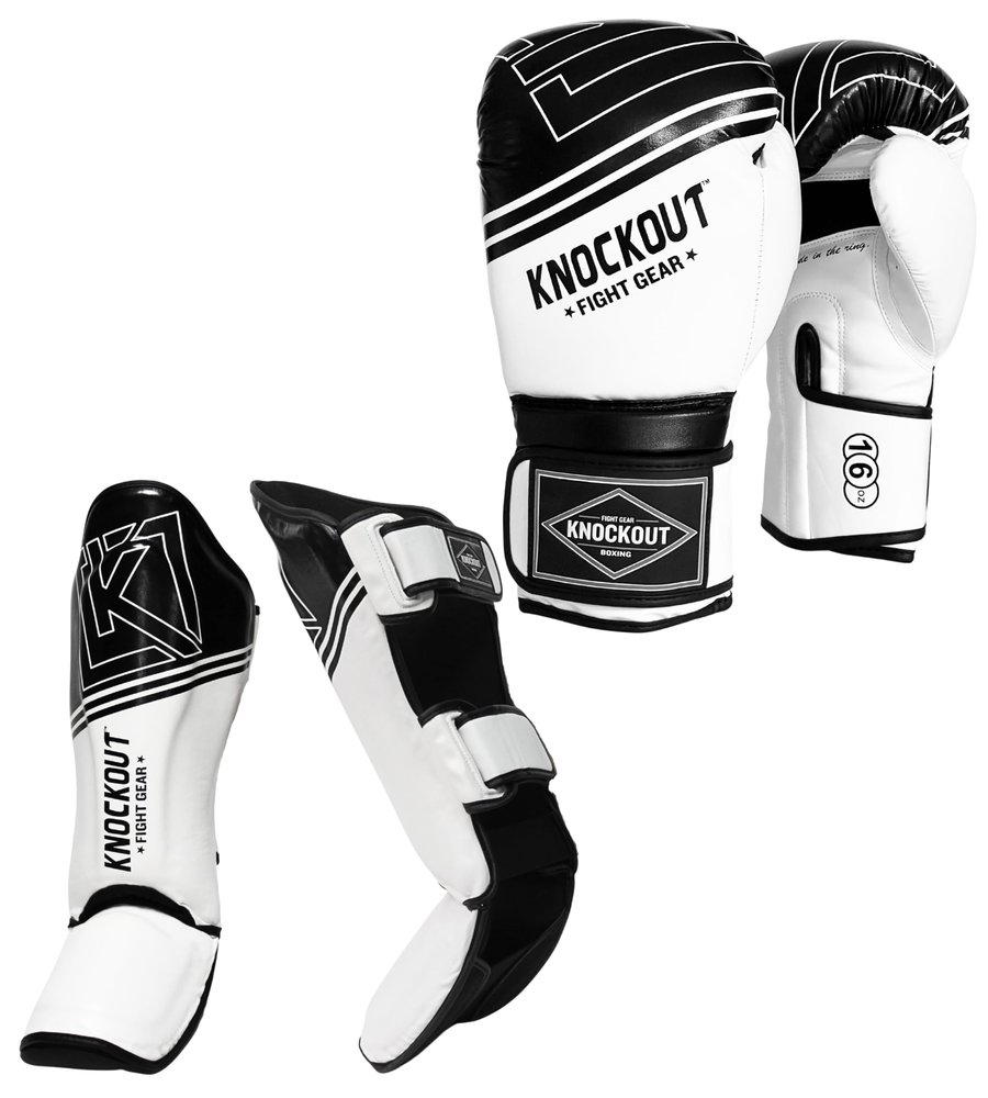 Boxing gloves 2 Pair Set and Muay Thai shin guards set, ideal for kickboxing, home gym training, and sparring, Best suited for MMA, featuring multi-layer padding and cushioning for enhanced protection