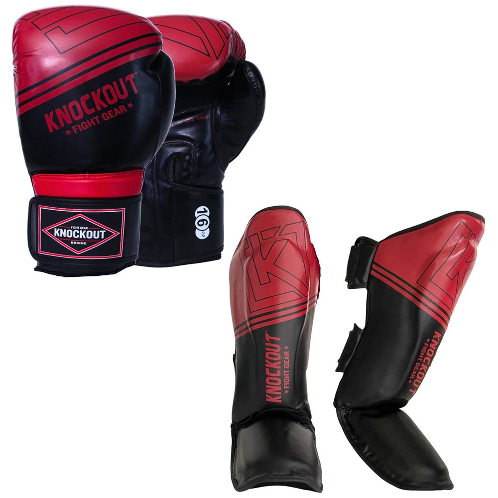 Boxing Gloves & Muay Thai Shin Guards for Men and Women, MMA Kickboxing Shin Pads Set, Adjustable Shin Guards with Instep Protection, Sparring & Martial Arts Training Gear