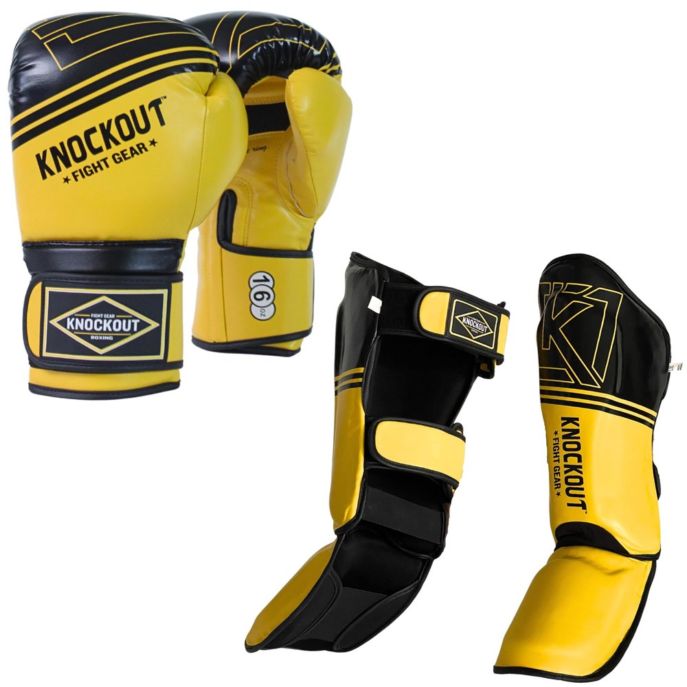 Boxing gloves 2 Pair Set and Muay Thai shin guards set, ideal for kickboxing, home gym training, and sparring, Best suited for MMA, featuring multi-layer padding and cushioning for enhanced protection