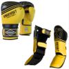 Boxing gloves 2 Pair Set and Muay Thai shin guards set, ideal for kickboxing, home gym training, and sparring, Best suited for MMA, featuring multi-layer padding and cushioning for enhanced protection