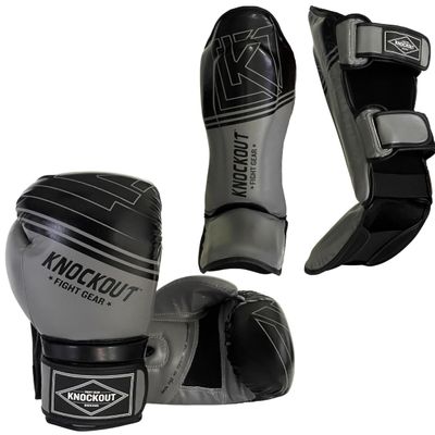 Boxing gloves 2 Pair Set and Muay Thai shin guards set, ideal for kickboxing, home gym training, and sparring, Best suited for MMA, featuring multi-layer padding and cushioning for enhanced protection