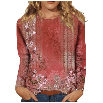 Womens Fall Tops, Women's Going Out Tops for Women Sexy Spring Fashion Polo Shirts Dressy Casual Active Long Sleeve Print Round Neck Graphic Tees Plus Size Top Blouse Clothing 2023(5-Red,XXL)