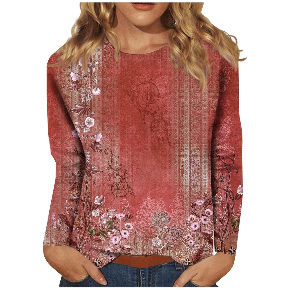 Womens Fall Tops, Women's Going Out Tops for Women Sexy Spring Fashion Polo Shirts Dressy Casual Active Long Sleeve Print Round Neck Graphic Tees Plus Size Top Blouse Clothing 2023(5-Red,XXL)