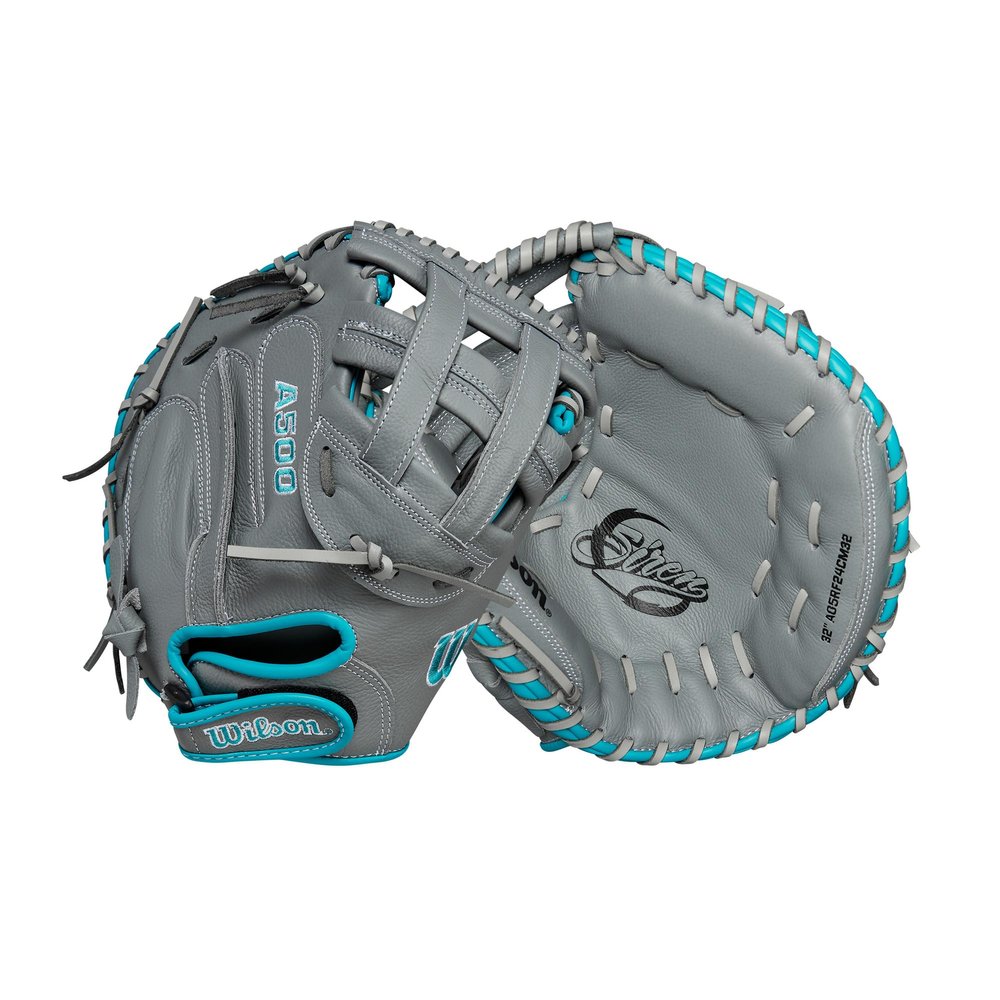 Wilson 2024 A500 Siren 32 Youth Fastpitch Softball Catchers Mitt - Right Hand Throw, Grey/Teal/White