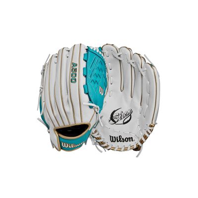 Wilson 2024 A500 Siren 12.5 Youth Outfield Fastpitch Softball Glove - Left Hand Throw, White/Teal/Metallic Gold