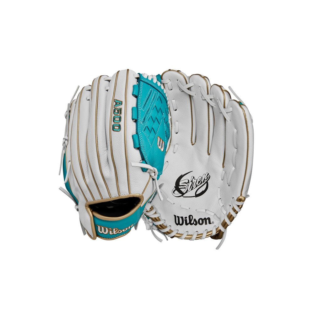 Wilson 2024 A500 Siren 12.5 Youth Outfield Fastpitch Softball Glove - Left Hand Throw, White/Teal/Metallic Gold