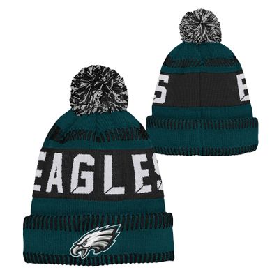 Outerstuff NFL Kids Youth 8-20 One Size Team Color Primary Logo Official Sports Tech Knit Cold Weather Football Pom Beanie Hat - Philadelphia Eagles